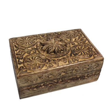 Medium Carved Wooden Flower Lock Boxes - Leaf