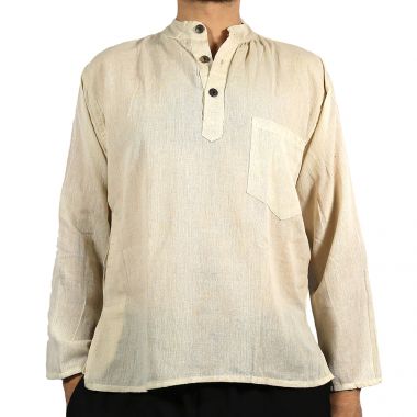 Plain Cream Cotton Grandad Shirt - Large