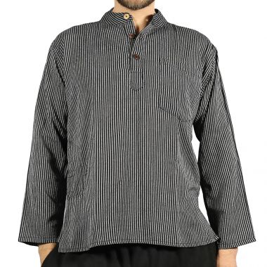 Striped Black & Cream Grandad Shirt - Large