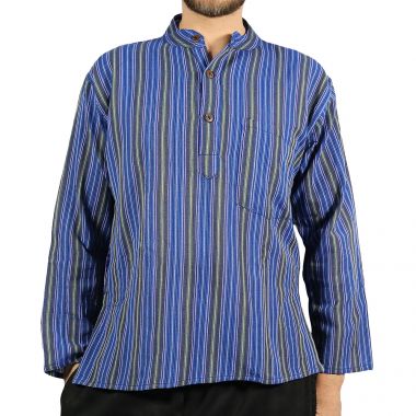 Striped Blue Grandad Shirt - Large