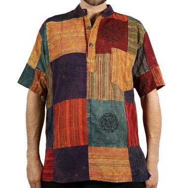 Patchwork Short-Sleeve Grandad Shirt - Large