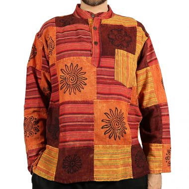 Patchwork Orange Grandad Shirt - Large