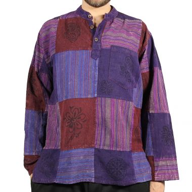 Patchwork Purple Grandad Shirt - Large