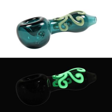 Glow In The Dark Mini Glass Spoon Pipe - Teal with Octopus Design