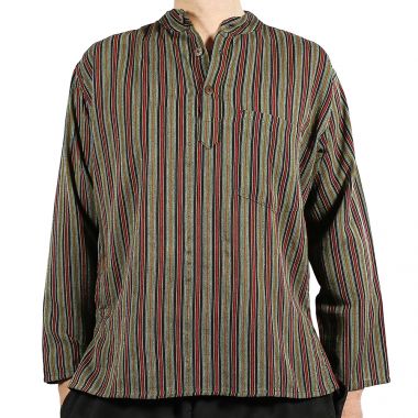 Striped Dark Army Grandad Shirt - Large