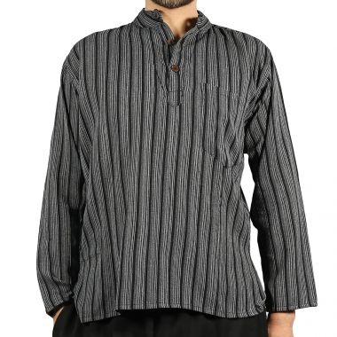 Striped Black Grandad Shirt - Large
