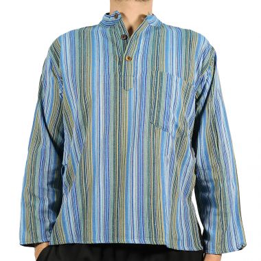 Striped Blue & Green Grandad Shirt - Large